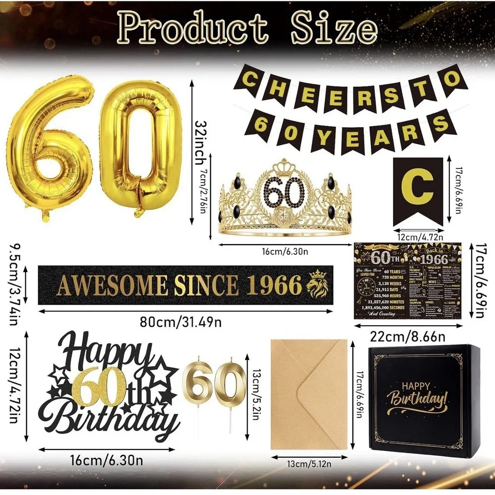 Happy 60th Birthday Decorations For Women, 9 pcs White And Gold Birthday Deco...